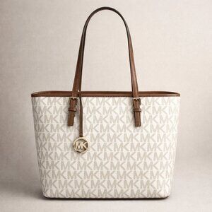 Michael Kors Jet Set Vanilla Luggage Tote Carry All Shoulder Handbag Logo Charm